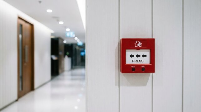 Modern red fire alarm press button on a white wall in a bright building hallway