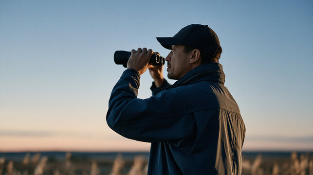 Eco tour guide at twilight holds a thermal binocular to the horizon on a reedy marsh edge, lone silhouette against deep indigo sky, wildlife observation, conservation tourism, environmental educatio