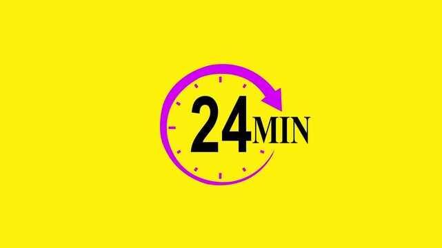 Pink circular timer icon indicating five minutes countdown with arrow on yellow background 24 minutes clock.