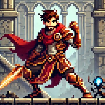 Pixel art knight warrior with cape and glowing sword in action pose standing in castle ruins