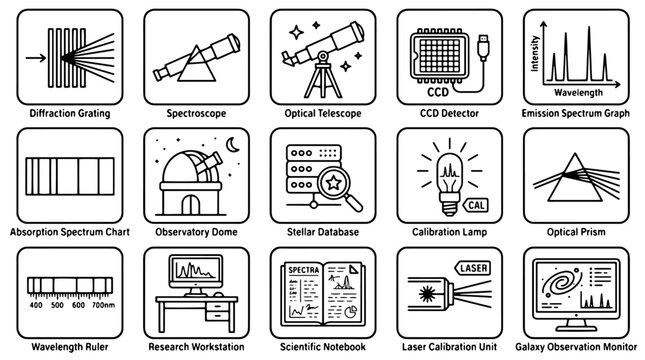 Astronomy and spectroscopy icon set, 15 scientific laboratory vector icons, physics research equipment and observatory tools for education