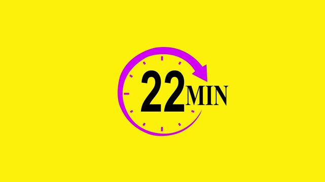 Pink circular timer icon indicating five minutes countdown with arrow on yellow background 22 minutes clock.