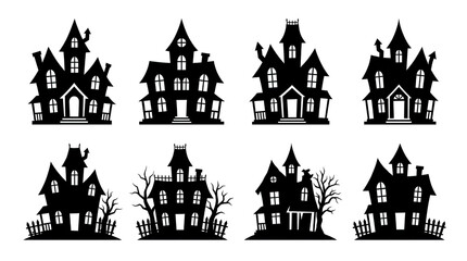 Fototapeta premium A collection of eight different spooky haunted house silhouettes presented as isolated on transparent background