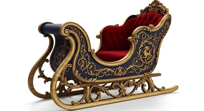 Luxurious ornate christmas sleigh with red velvet upholstery and gold filigree details isolated on white background
