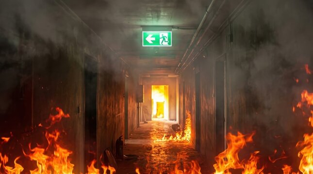 Fire emergency in a smoky corridor with glowing exit sign and flames on the floor