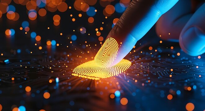 Human finger activating glowing fingerprint on digital circuit