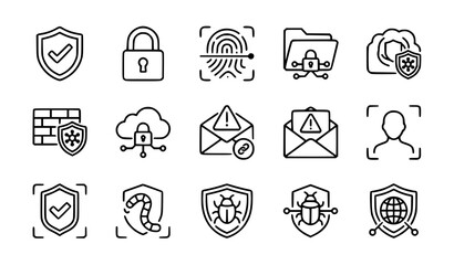 Fototapeta premium Cyber Security Line Icons Set Black and White Minimal Outline SVG Vector Collection
