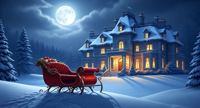 A festive red santa sleigh parked in front of a grand, snowcovered victorian mansion under a bright full moon on a magical winter night