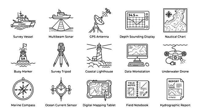 Hydrographic survey icons set, 15 marine mapping vector elements, oceanographic research and nautical engineering line art for maritime data analysis