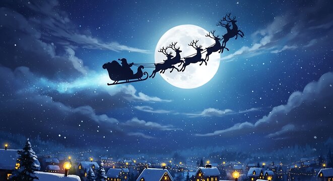 Santa claus with reindeer sleigh flying over a snowcovered village at night under a full moon, magical christmas holiday winter landscape