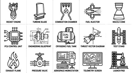 Aerospace engineering icons set, 15 rocket engine and space technology line symbols, industrial propulsion and launch pad vector elements © Rosie