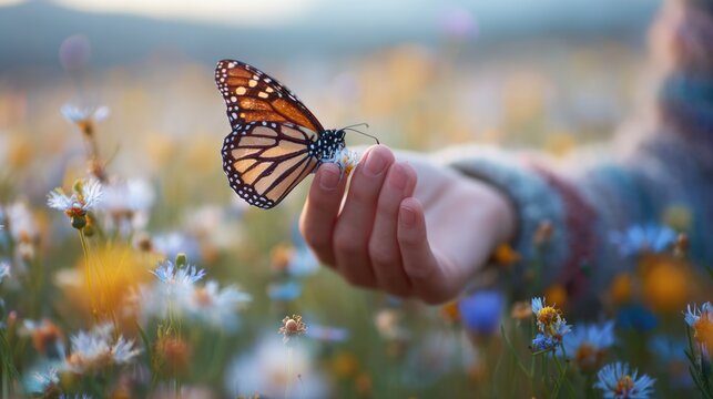 A person carefully holding a butterfly on their fingertip in a field of wildflowers, with a dreamy, soft-focus background.