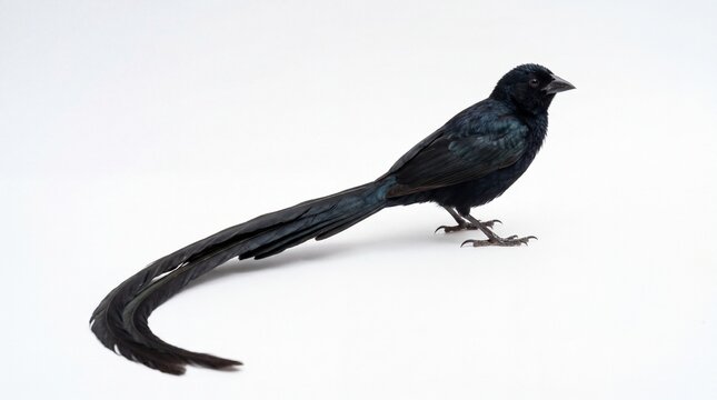 A sleek black bird with an exceptionally long tail feather stands against a clean white background.