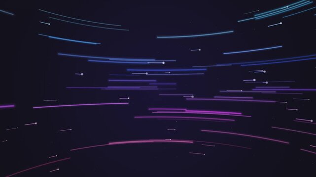 Abstract background featuring glowing neon light trails moving horizontally across dark space representing digital data flow motion.