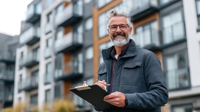 A property manager standing in front of an apartment building, with a clipboard and keys in hand.