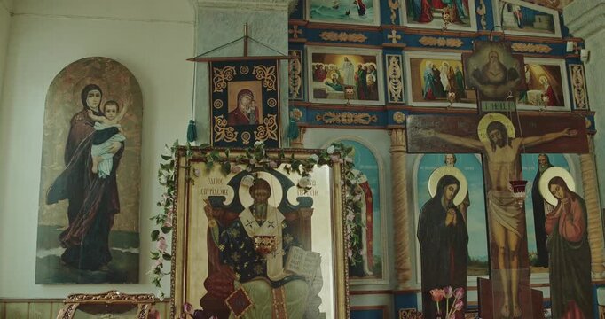 Iconostasis Wall Depicting Crucifixion And Virgin Mary Icons