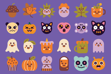 Fototapeta premium Set of cute kawaii halloween icons with smiling ghosts and pumpkins on a soft purple surface