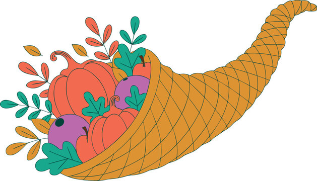 Thanksgiving Cornucopia with Pumpkins Vector on Transparent Background
