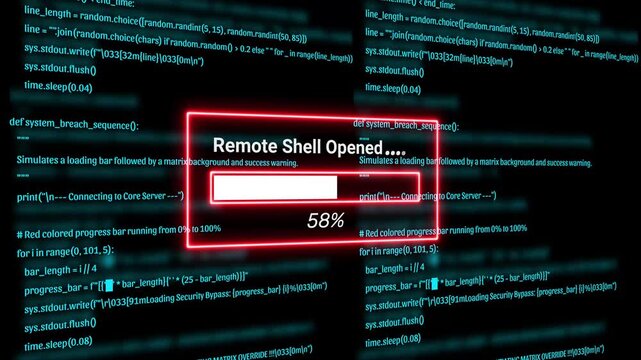  Cyber Security Hacker Terminal with Remote shell opened Alert and Matrix Code Background Motion Graphics