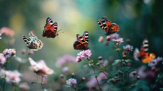 A set of UK-native butterflies flying above a blooming English garden, with the butterflies&acirc;&euro;&trade; colorful wings contrasting against the greenery.