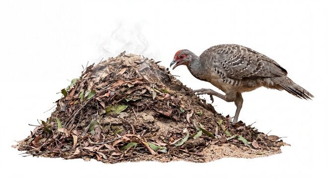 An Australian Brush Turkey stands atop a large steaming mound of decaying organic forest leaf.