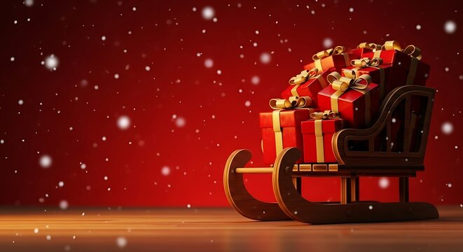 Christmas sleigh filled with red gift boxes with gold ribbons on a wooden surface against a red background with falling snow