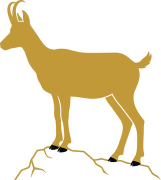 A simple brown chamois standing on a rocky mountain cliff side illustration