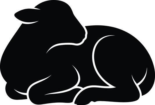Simple black silhouette of a cute baby lamb lying down peacefully on the ground