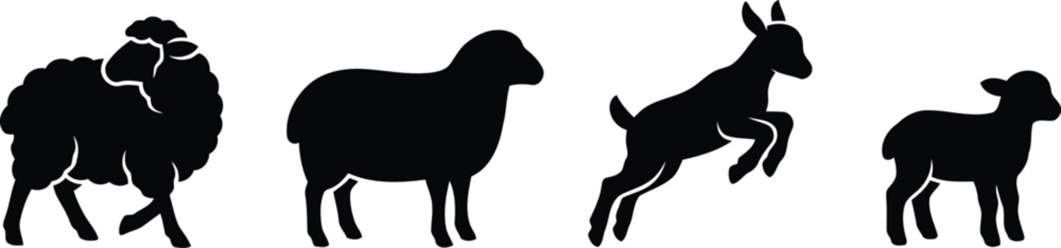 Black silhouette icons of sheep and lambs in different poses including standing and jumping for farm animal design and agriculture themes