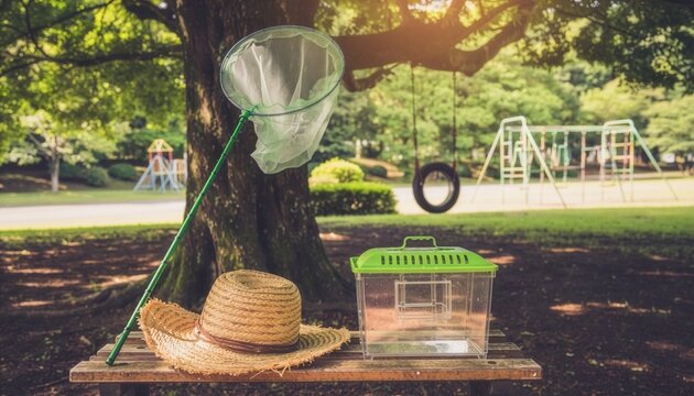 Straw hat, butterfly net, and insect cage on a park bench without people, Showa summer nostalgia