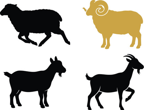 Collection of farm animal silhouettes including sheep and goats in black and color styles for design projects