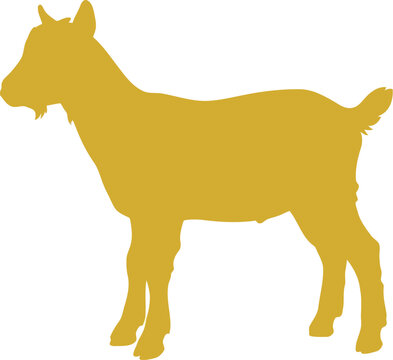 A simple golden silhouette of a young goat standing in a side view profile