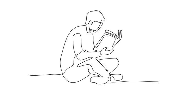 Continuous one line drawing of a person sitting and reading a book.