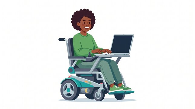 Black woman in wheelchair using laptop. Disabled person working on computer, digital nomad.