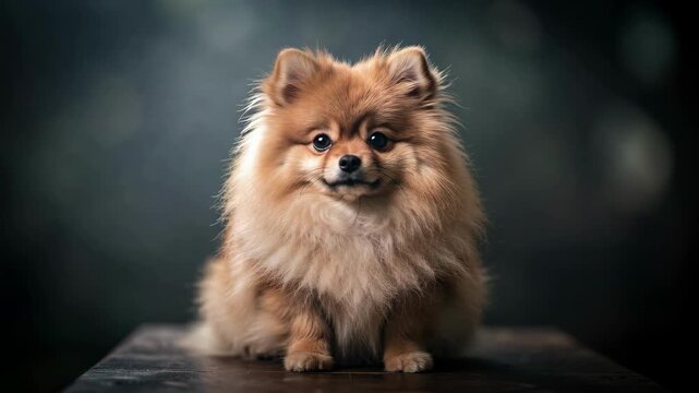 Fluffy Pomeranian Portrait on Dark Background.