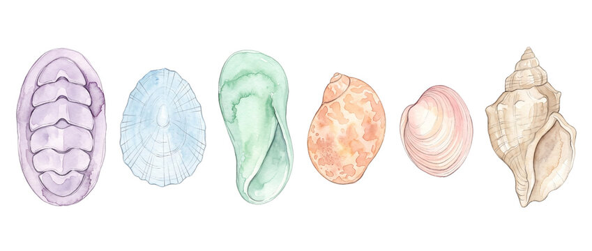 Watercolor sea shells set illustration featuring colorful seashell collection arranged on black background for ocean marine life craft, summer beach art, chiton, limpet, conch, clam, and abalone shell