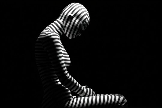 Human figure covered in black and white stripes seated in a side profile position against a dark background, showcasing a minimalist artistic expression
