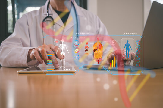 Medical health and wellness concept, Male doctor wearing white cloth using stethoscope tablet and computer analysing patient diagnosis data in medicine and healthcare concept