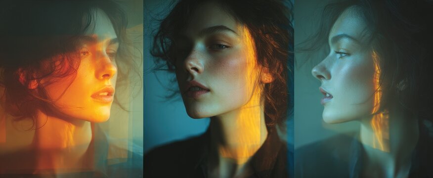 Portrait of a young woman with curly hair illuminated by colorful light, showcasing three different angles and expressions against a softly blurred background