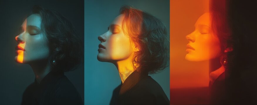 Portrait of a woman with short hair illuminated by colorful lighting, showcasing three different angles with vibrant hues of orange and blue against a dark background