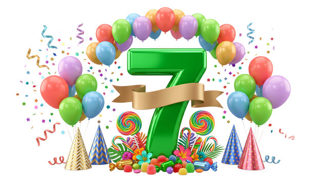 Colorful 3D Number 7 Birthday Celebration Design with Balloons, Candy, Confetti and Party Hats Isolated on Transparent Background Festive Anniversary Decoration Illustration