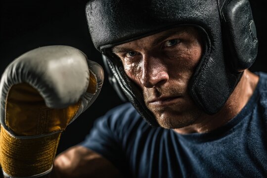 Male boxer wearing protective headgear and gloves poses aggressively, showcasing determination and focus in a dark training environment with dramatic lighting