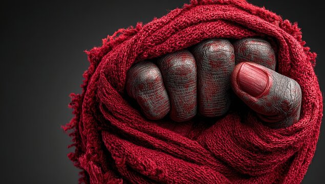 Close-up of a clenched fist covered in red fabric, showcasing intricate textures and details of the hand and scarf against a dark background