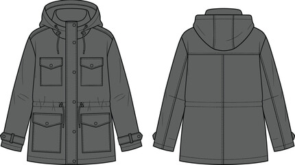Unisex hooded utility parka jacket with cargo pockets fashion flat sketch technical drawing vector illustration © Mdjoshelahamed4400 