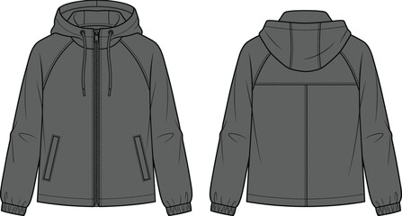 Unisex hooded zip up windbreaker jacket fashion flat sketch technical drawing vector illustration © Mdjoshelahamed4400 