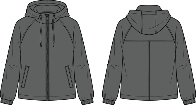 Unisex hooded zip up windbreaker jacket fashion flat sketch technical drawing vector illustration