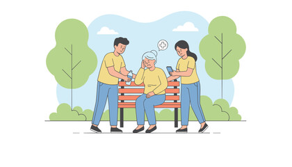 Fototapeta premium Caring young man and woman assisting an elderly lady feeling unwell on a wooden park bench, calling for medical help.