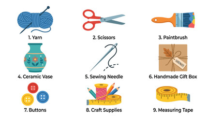 Fototapeta premium Craft Supplies Vector Icon Bundle Set Featuring Creative Tools and Handmade Hobby Materials for DIY Projects and Artistic Design