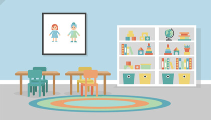 Fototapeta premium Bright preschool classroom interior with small study tables, colorful chairs, toy shelves, and a decorative round rug.