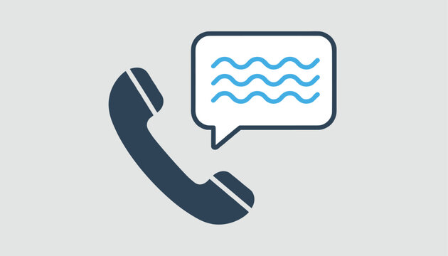 Dark blue telephone handset icon with a white speech bubble containing blue wave lines on a light gray background.